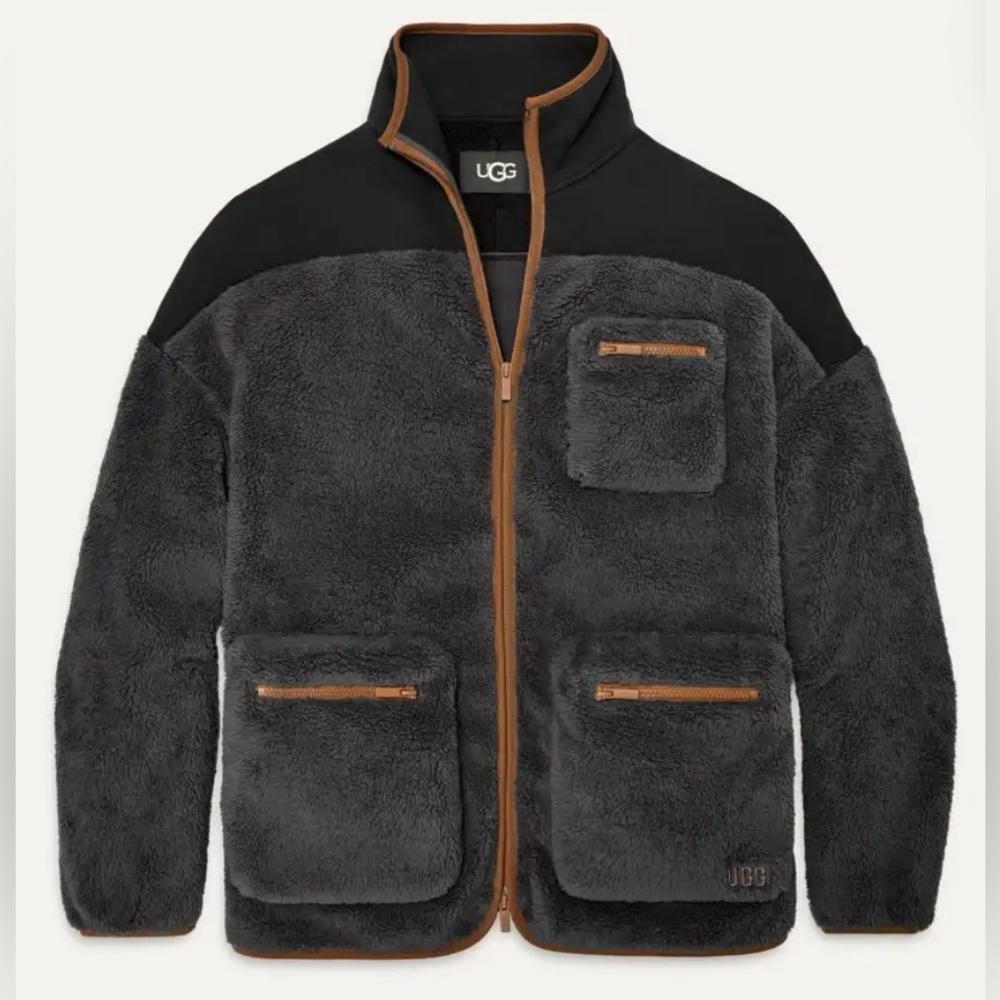 UGG Charcoal Gray Faux Shearling Zip-Up Jacket with Brown Trim